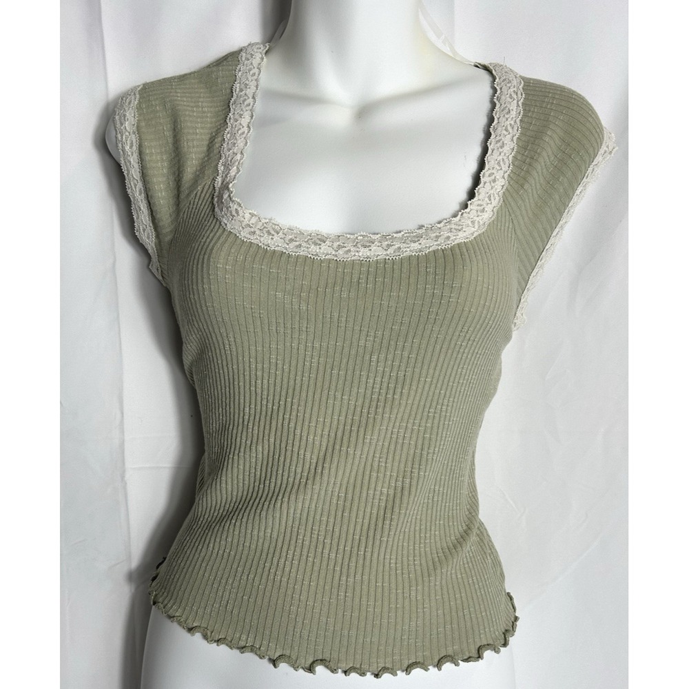 Sugar Moon Pastel Green Lace Ribbed Baby Doll Tee‎ XL Coquette Y2K Forest Fairy